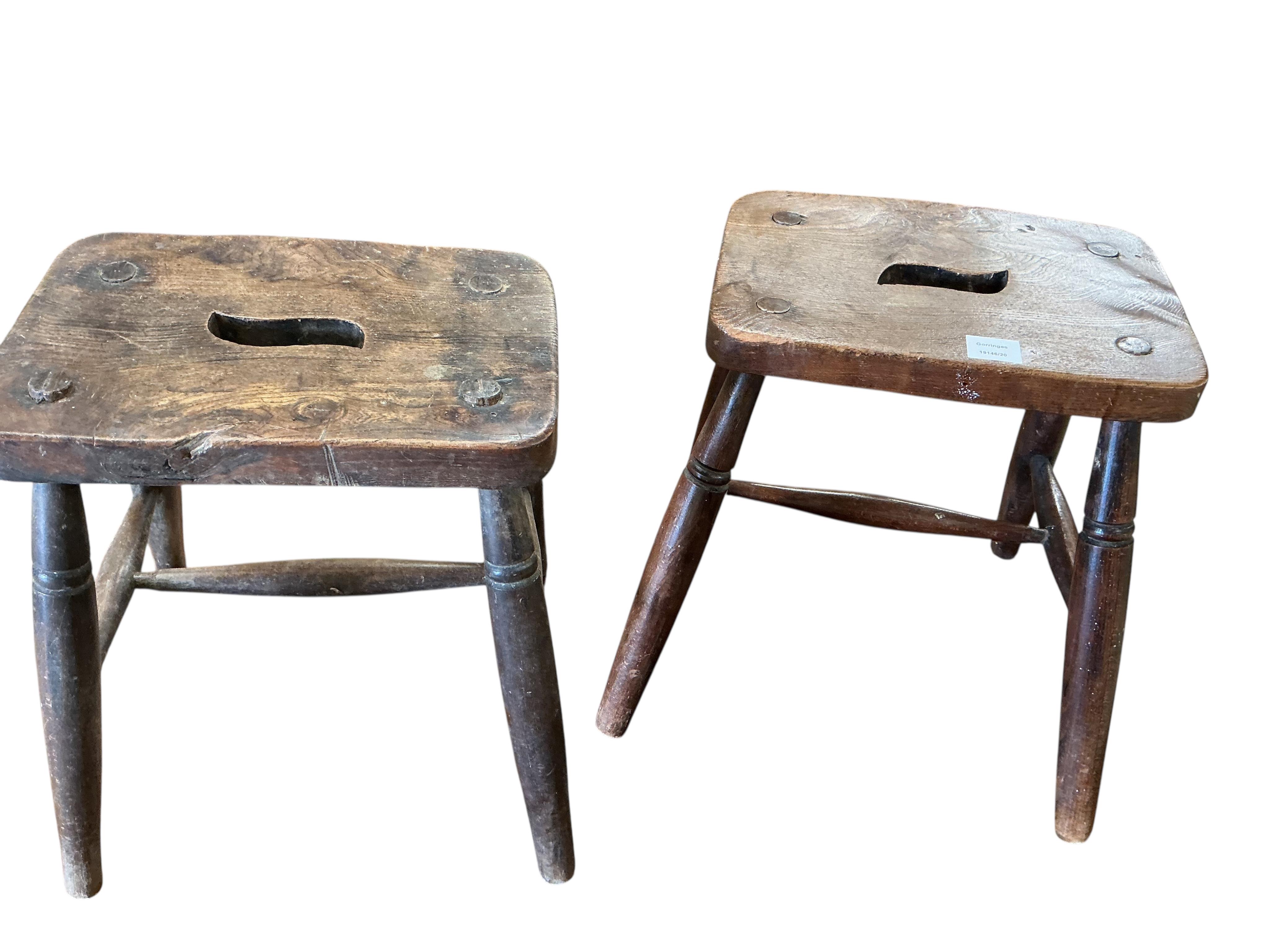 A pair of Victorian elm and beech stools, width 48cm, depth 42cm, height 45cm